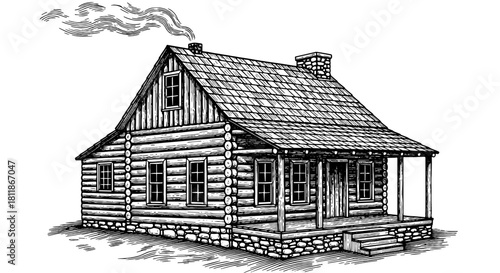 Rustic Log Cabin Illustration Standing Proudly Amidst Nature's Embrace, Evoking Nostalgic Memories & Peaceful Retreats, Ideal for Architectural Designs, Real Estate Marketing & Historic Preservation P
