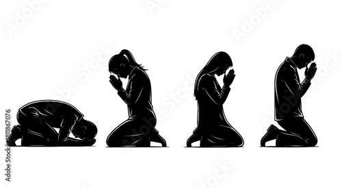 People Praying Silhouettes in Supplication and Worship on Knees - Religious Devotion, Spiritual Belief, Seeking Guidance and Repentance, Vector Illustration for Church, Charity, and Faith-Based Organi