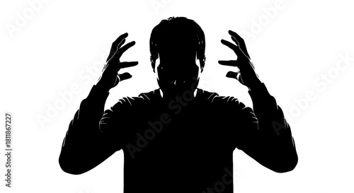 Silhouette of Man Experiencing Stress and Frustration Against White Background, Revealing Mental Health Issues, Anxiety, and Emotional Overload, Perfect for Healthcare, Psychology, and Crisis Presenta