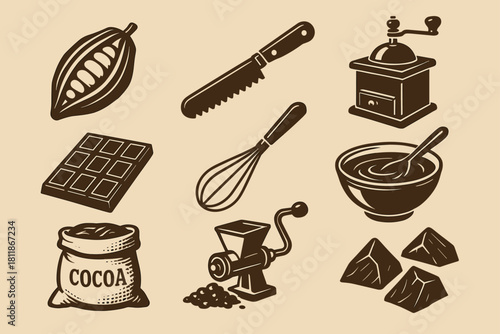 Chocolate Making Tools and Cocoa Processing Icons