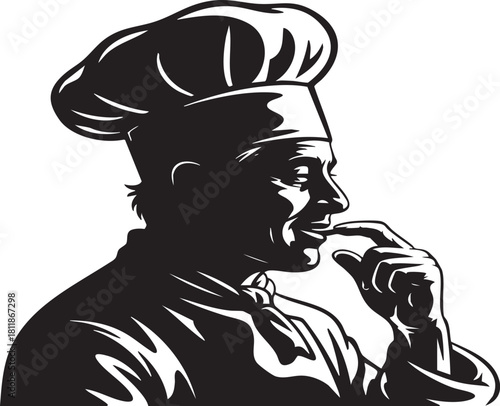 A chef in uniform and toque tastes food with a thoughtful expression, depicted in a striking black and white silhouette.