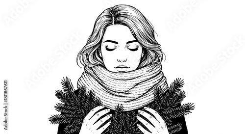 Elegant Woman Wrapped in Winter Scarf Holding Evergreen Branches Contemplating Peacefully in Snowfall, Conceptual Illustration for Wellness, Fashion, and Seasonal Marketing, Black and White Portrait D