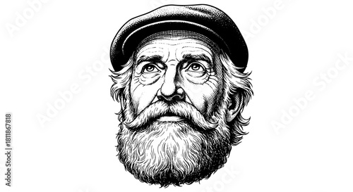 Intricate Engraving of an Old Seafarer with a Full Beard Wearing a Classic Flat Cap Contemplating Life at Sea, Representing Wisdom, Experience, and Maritime History, Suitable for Nautical Themes, Book