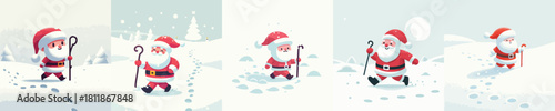 Santa is walking in the snow holding a small stick. Vektor, design, minimalist, illustrations, set icon