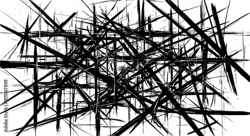 Abstract Brushstroke Chaos: Dynamic Black Paintstrokes Create a Chaotic Composition on White for Modern Presentations and Artistic Designs, Representing Complexity and Disruption in a Contemporary and