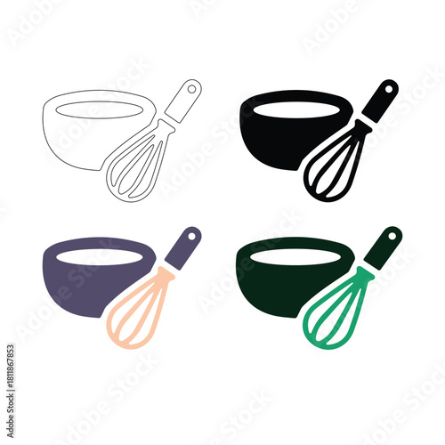 Set of four bowl and whisk icons in outline, solid, color, and flat design style isolated on white background