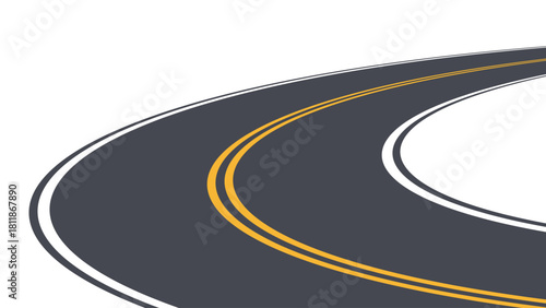 Curved asphalt road with yellow lines on white background graphic turn