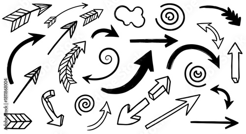 Hand-Drawn Arrows and Design Elements Illustration on White: Directional Graphics, Navigation, and Creative Doodle Set for Presentations, Web Design, and Marketing Materials, in a Playful and Artistic