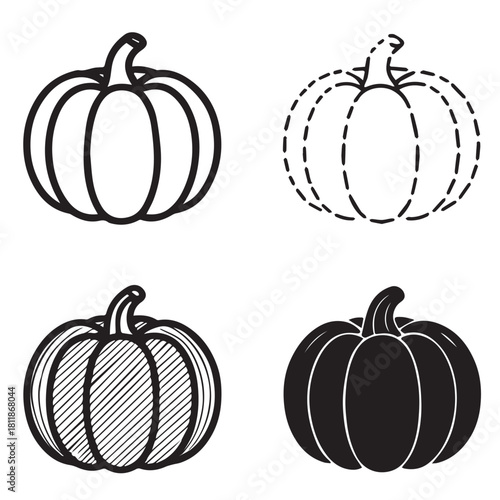 Four pumpkin illustrations with different line styles and fill.