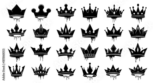 Set of Black Silhouette Crowns Drip Style for Royalty, Power and Status: Ornate Kingly Emblems for Logos, Tattoos & Designs in Modern Graphic Vector Art for Branding, Fashion & Decoration, with Royal,