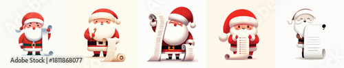 Santa Claus holds a list of good children, long paper hanging down. Vektor, design, minimalist, illustrations, set icon