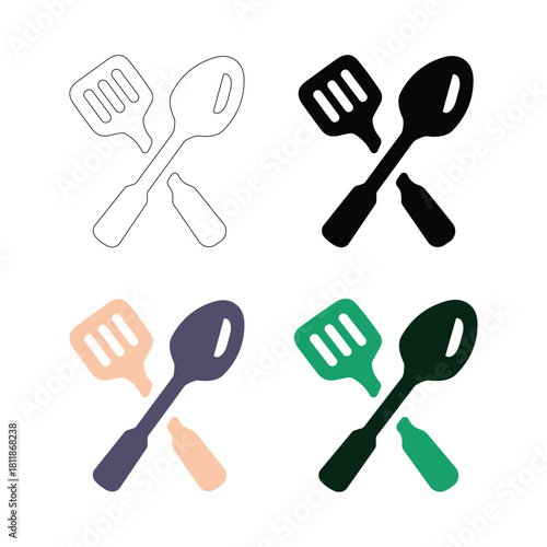 Set of four cooking utensil icons showing crossed spatula and spoon with bottle isolated on white background