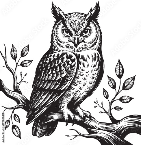 A highly detailed, black and white ink drawing of a majestic great horned owl sitting on a tree branch, surrounded by leaves.