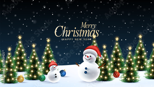 Merry Christmas wish snowy background. Snowdrifts. Snowfall Cold weather. Winter season with 3D cheerful snowman and baby snowman.