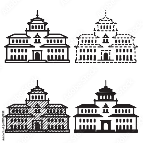 Four line drawings of a building with a tower. Gedung sate