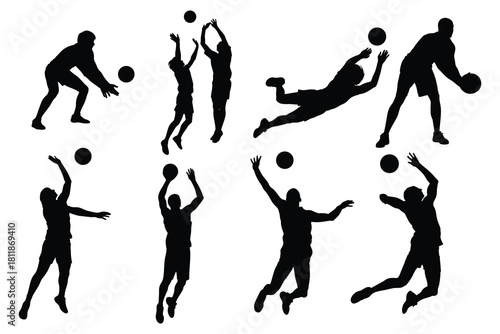 Silhouette Set of Volleyball Players in Action Poses like Spiking, Setting, and Diving 