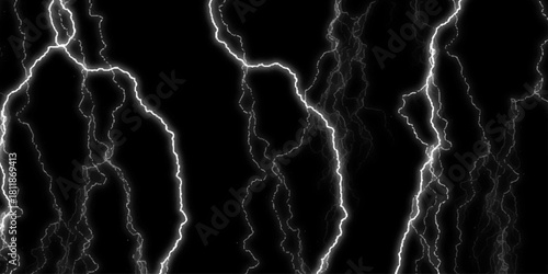 Dramatic Electric Lightning Strikes Abstract Pattern on Black Background. Lightning Effect Overlay, Isolated Electric Thunderstorm Bolt Strikes on Dark Night Sky Background.	