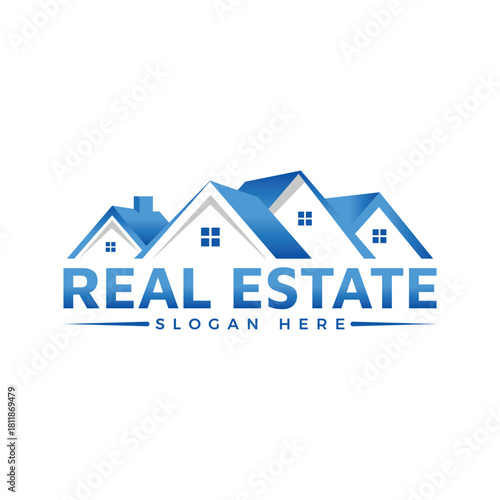 Blue gradient real estate logo featuring multiple house roofs forming a skyline with text and slogan, isolated on white background