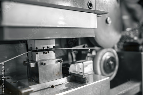 Close-up reveals intricate machinery meticulously testing a wire's tensile strength.