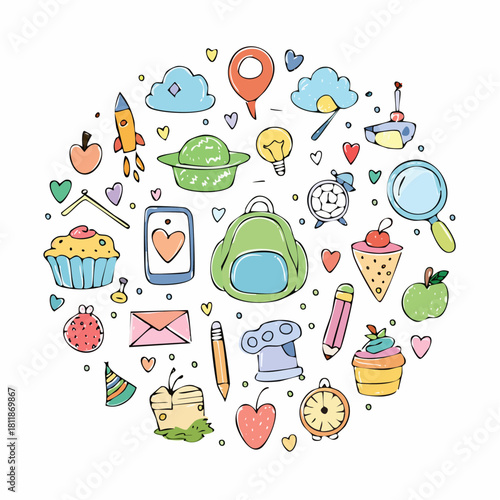 Colorful Doodle Circle Backpack, Sweets, Rocket, and More