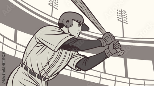 Baseball vector of player in stadium, ready to swing. Suitable for sports designs, baseball events promotions, or team logos.