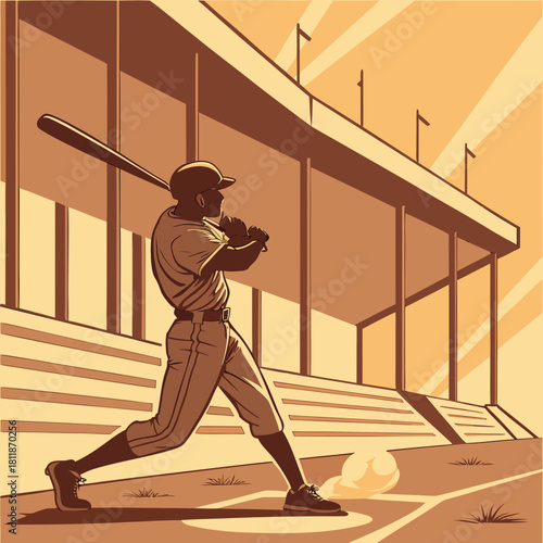 Baseball player hitting a ball in stadium, perfect for sports designs, posters, websites, and projects related to baseball.