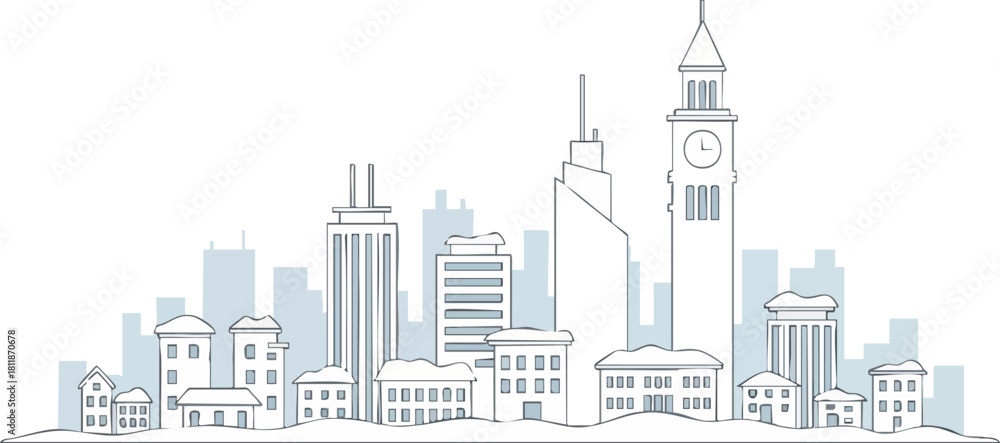 Fototapeta premium Cityscape outline illustration with various buildings and skyscrapers against a light blue background.