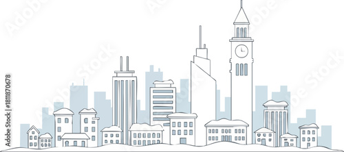 Cityscape outline illustration with various buildings and skyscrapers against a light blue background.