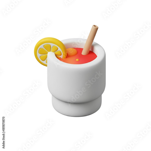 Stylized 3D graphic of a delightful refreshing drink served in a minimalist white cup, featuring a vibrant citrus slice and a straw, ideal for digital media and playful designs