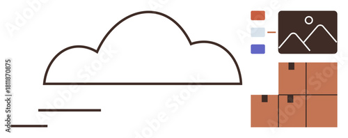 Cloud outline connecting to digital image, stacking boxes for data storage and organization. Ideal for cloud computing, file management, logistics, e-commerce, data storage, organization, technology