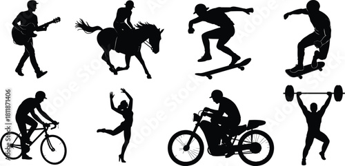 Silhouette people in various activities music, horse riding, skateboarding, cycling, dancing, weightlifting, motorcycle sports, cad drawing flat vector illustration