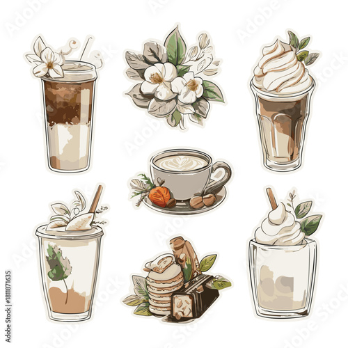 Set hand-drawn coffee and tea, enticing desserts suitable for a sticker design neutral beige tones