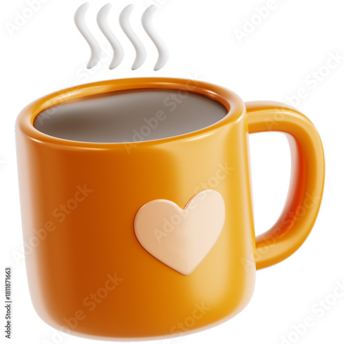 A charming 3D rendered orange mug featuring a heartwarming beige heart design, brimming with a steaming hot beverage, perfectly conveying warmth and comfort for your morning or a cozy break