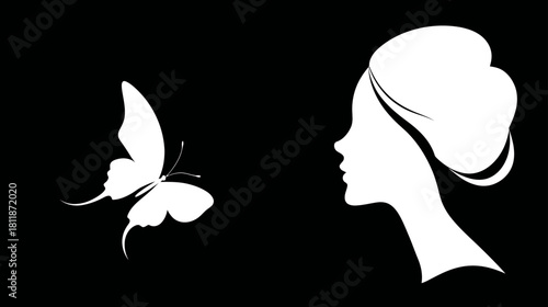 Minimalist silhouette of an elegant woman's profile observing a graceful butterfly, symbolizing beauty, nature, and introspection.