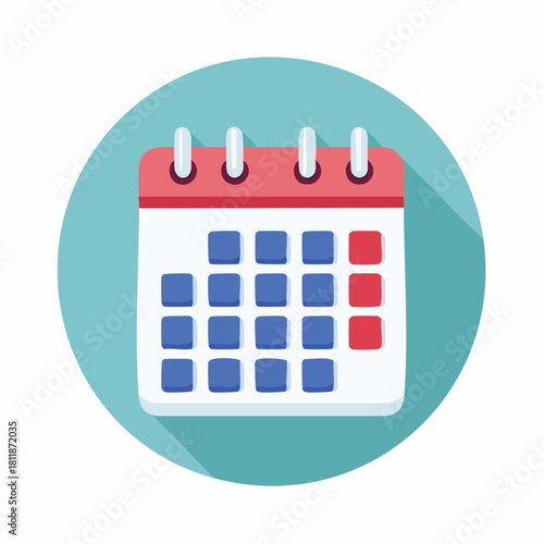 Vibrant flat design calendar icon featuring a monthly view with highlighted dates, perfect for illustrating scheduling, event planning, and important deadlines for various uses