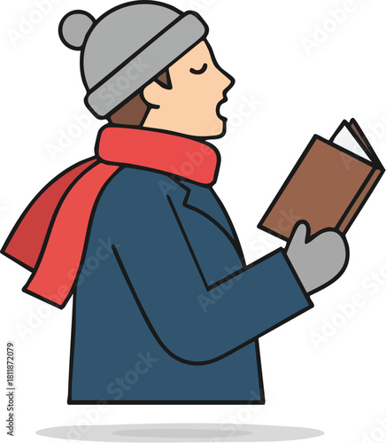 A vector illustration of a man wearing a hat, scarf, and coat while singing Christmas carols from a book.