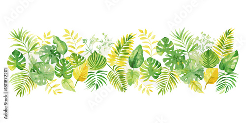 A tropical watercolor pattern showcasing an assortment of leaves such as monstera, palm, and ferns, seamlessly arranged with soft, harmonious greens and yellows, creating a continuous design with intr