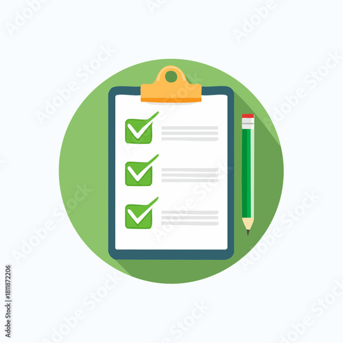 Vector illustration of a clipboard with a completed checklist, symbolizing successful task management, planning, and project completion