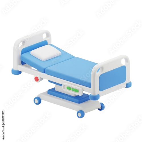 3D Illustration of an Adjustable Hospital Bed with Wheels and Soft Blue Mattress