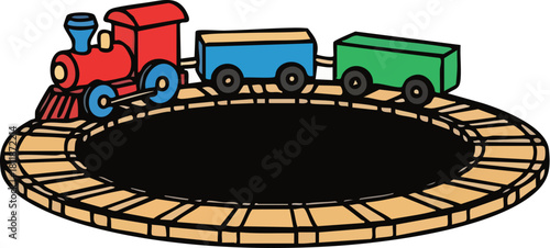 A colorful cartoon toy train with a red locomotive and two cars on a circular wooden railway track.