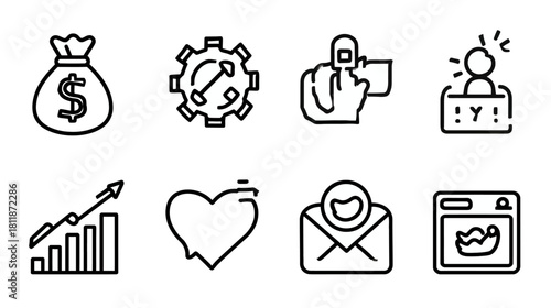 Business, Finance and Marketing Icons Set. Digital Growth, Success, Payment, Social Media and E-commerce Symbols Collection.