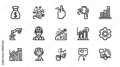 Collection of business, finance, technology, and industry outline icons. Vector symbols for growth, innovation, digital communication, and logistics.