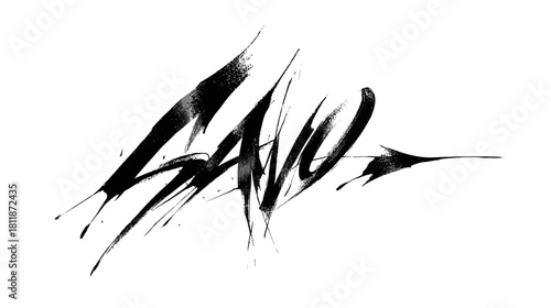 Abstract black ink splash grunge brush stroke text on white background. Dynamic artistic typography element with paint drips.