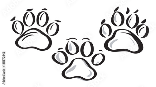 Graphic vector illustration of three stylized black and white animal paw prints. Cute pet footprint design element on white.