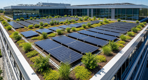 Modern Green Rooftop with Solar Panels and Lush Vegetation Showcasing Sustainable Urban Architecture