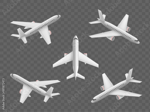 Set of passenger airplane models in isometric projection. Collection of planes isolated on a transparent background. Vector illustration