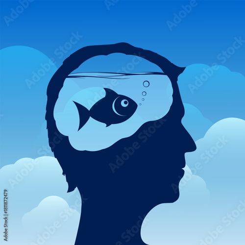 Human head with a fish inside. Vector illustration
