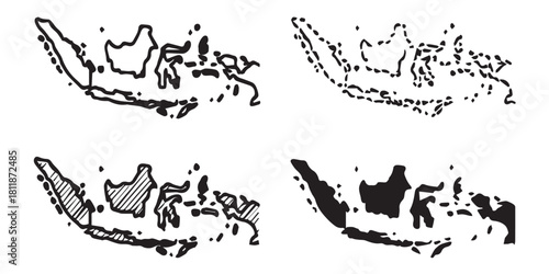 Four variations of a map outline of Indonesia, showing different levels of detail and shading.