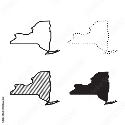 Four New York State outline variations: solid, dotted, hatched, and filled.