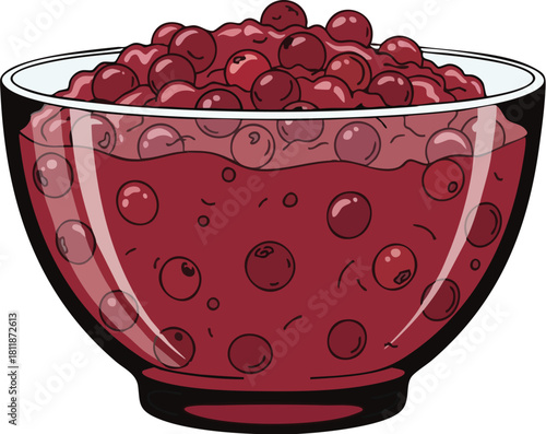 A cartoon-style illustration of a clear glass bowl filled with whole cranberry sauce.